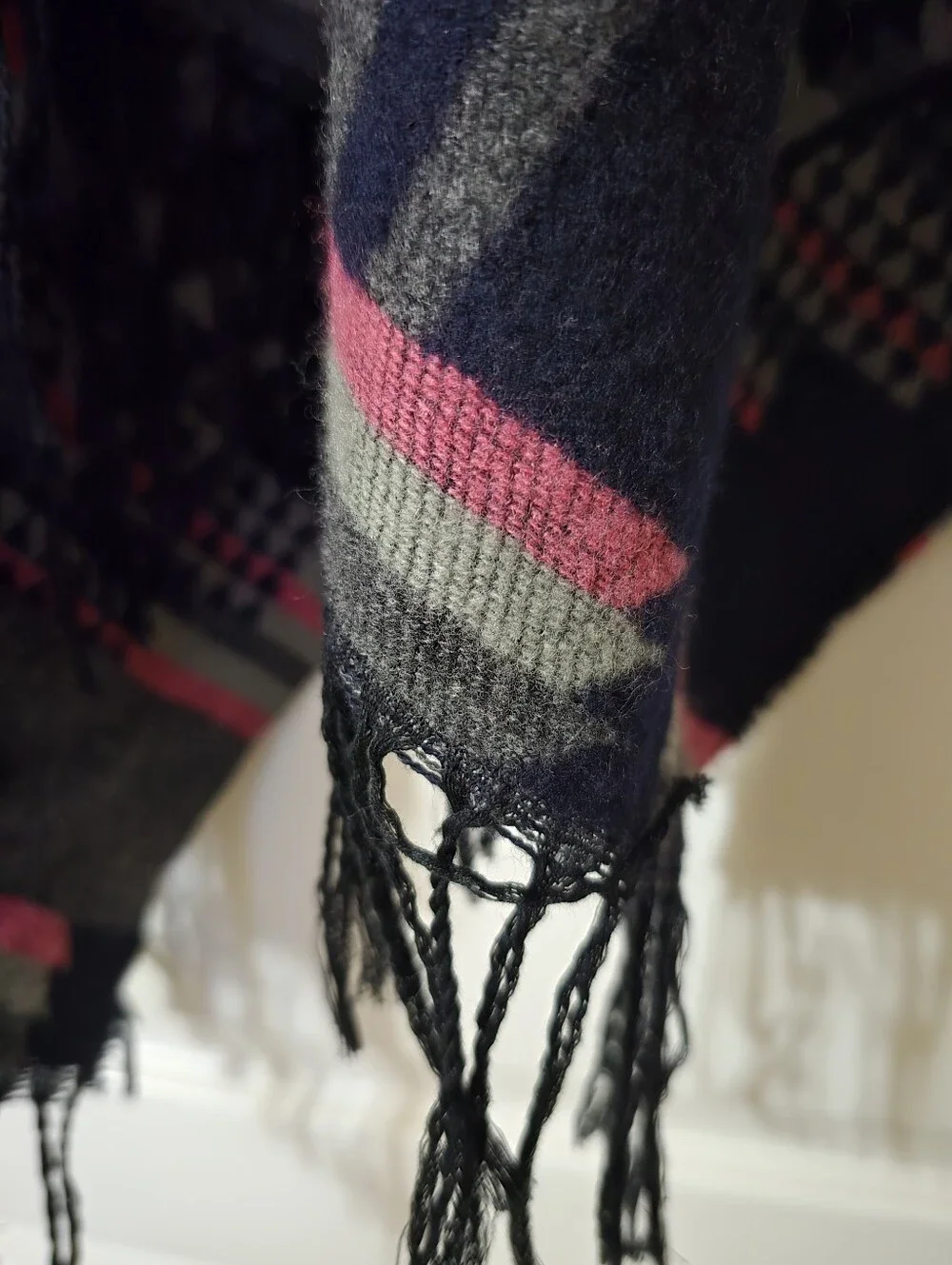 Navy Geometric Fringe Poncho Wrap with Pink & Gray Accents